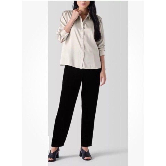 Eileen Fisher Womens Velvet Pants Black Tapered Ankle Length Silk Blend Sz L - Picture 1 of 13